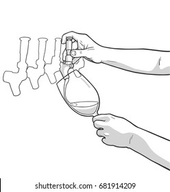 Illustration of male hands pouring red wine from tap