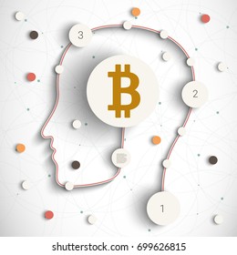 Illustration of a male head icon with a bitcoin sign