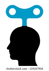 Illustration of a male head with a wind-up key protruding from the top depicting mechanical or manual power and energy, manipulation or control, or conceptual of inspiration and motivation