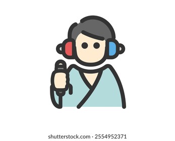 Illustration of a male icon (color line drawing) undergoing a hearing test.