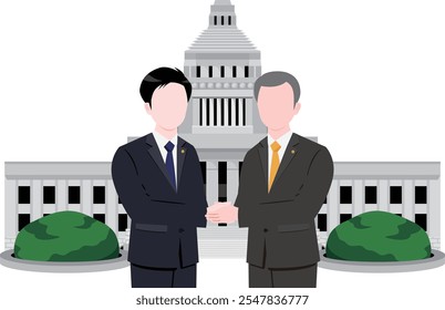 Illustration of male Japanese politicians shaking hands in front of the National Diet Building_Reform and clean political image