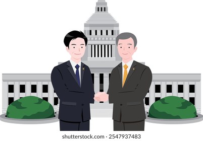 Illustration of male Japanese politicians shaking hands in front of the National Diet Building_Reform and clean political image