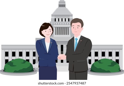 Illustration of male Japanese politicians shaking hands in front of the National Diet Building_Reform and clean political image