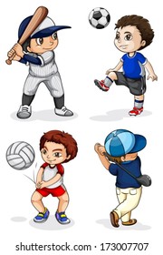 Illustration of the male kids engaging in different activities on a white background