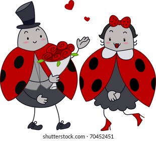 Illustration of a Male Ladybug Giving Flowers to a Female Ladybug
