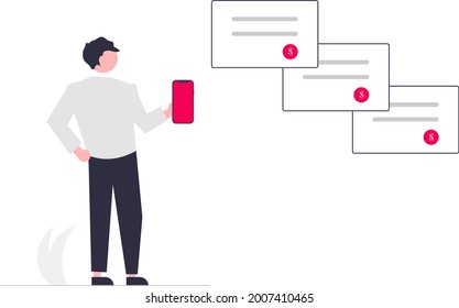 illustration male makes payment with smartphone and displays proof of payment. Vector illustrations