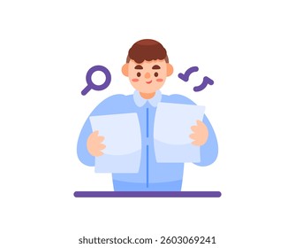 illustration of a male manager, staff or employee checking document files. rechecking report documents. crosscheck. activity, gesture and expression. flat style character design. elements