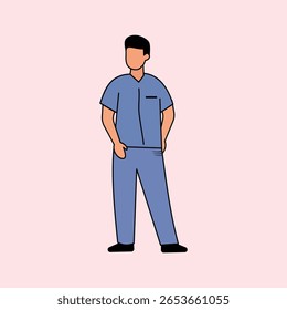 Ilustração de um oficial médico do sexo masculino vestindo um uniforme azul com um estilo casual em um fundo rosa, adequado para temas de hospital, clínica, saúde ou serviço médico.