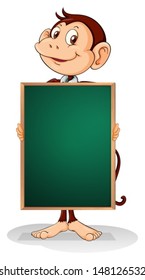Illustration of a male monkey holding an empty blackboard on a white background