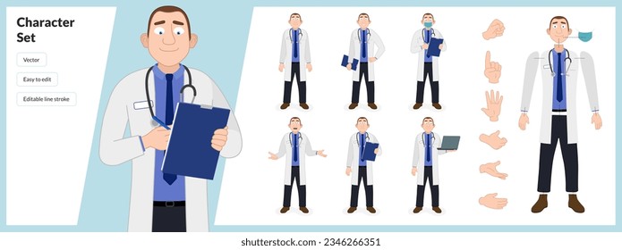 Ilustración de un médico de nhs masculino, con un traje blanco en una serie de poses múltiples. Fácil de editar con trazos de línea editables y aislados en fondo blanco. Adecuado para la animación.