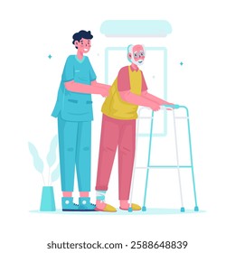 Illustration of a male nurse with an elderly patient doing walking therapy, Medical care of old patient with leg injuries, Vector design