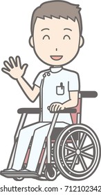 Illustration of a male nurse wearing a white suit waving his hand on a wheelchair