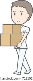 Illustration of a male nurse wearing a white coat carrying a box