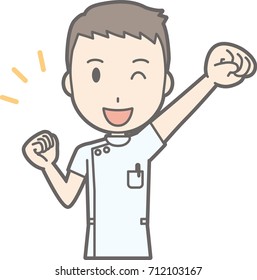 An illustration of a male nurse wearing a white suit winking up his fist