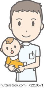 Illustration of a male nurse wearing a white suit holding a baby