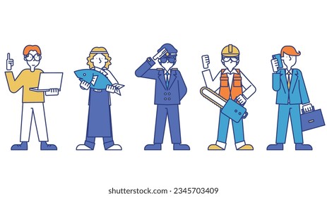 It is an illustration of a male occupation set (whole body) (programmer, fisherman, pilot, forestry worker, business person).
