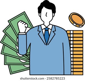 Illustration of a male office worker saving money