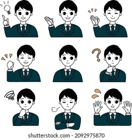 Illustration of a male office worker wearing a suit with various facial expressions and poses