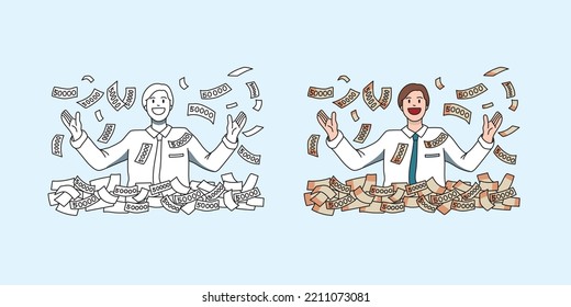 Illustration of a male office worker who is happy to see falling money. Korean 50,000 won bills are flying.