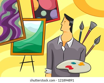 Illustration of a Male Painter Holding a Palette While Looking at Paintings