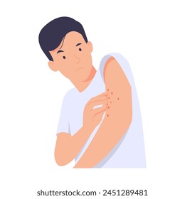 Illustration of a male patient with skin disease. Rash on arms or body. Flat style vector