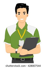 Illustration of a Male Personal Trainer Carrying a Clipboard