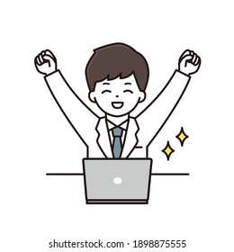 Illustration of a male pharmacist doctor who rejoices in front of a laptop computer