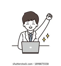 Illustration of a male pharmacist doctor who rejoices in front of a laptop computer