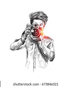 Illustration of Male Photographer With Camera, Hand Drawn Sketch Vector.