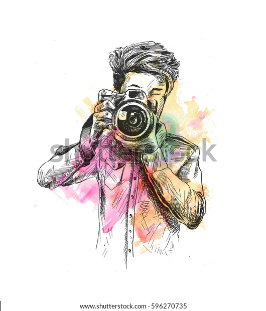 カメラを持つ男性写真家のイラスト 手描きのスケッチベクター画像 のベクター画像素材 ロイヤリティフリー