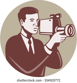  Illustration of a male photographer shooting with video camera handycam video cam done in retro style set inside circle.