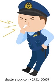 Illustration of a male police officer blowing a whistle strongly.