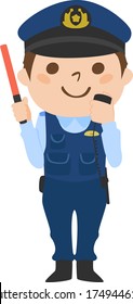 Illustration of a male police officer with a walkie-talkie and a red Traffic Wand.