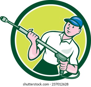 Illustration of a male pressure washing cleaner worker holding a water blaster viewed from front set inside circle shape on isolated background done in cartoon style. 