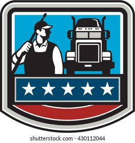 Illustration of a male pressure washing cleaner worker holding a water blaster on shoulder looking to the side with truck  set inside shield crest with american stars and stripes flag in background. 