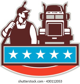 Illustration of a male pressure washing cleaner worker holding a water blaster on shoulder looking to the side with truck viewed from front set on isolated white background stars done in retro style. 