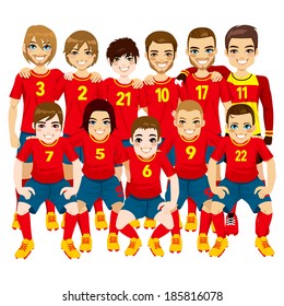 Illustration of male professional soccer players team in red uniform isolated on white background