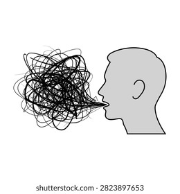 Illustration of a male profile shouting a tangled knot of black scribbles from his mouth. Symbolizes confusion, chaos, nonsense, or frustrated communication in a minimalist style.