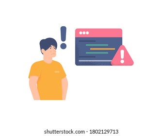 illustration of a male programmer thinking about how to solve a coding or program error. holding the chin. the concept of a front end or back end developer, freelance worker. flat style. element