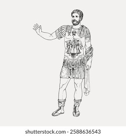 Illustration of a male Roman soldier in armor, detailed with a decorative breastplate and sandals. Roman soldier depicted in a classic stance, wearing traditional attire. Vintage roman vector.