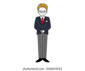 Illustration of a male salesperson serving a customer.　Full body illustration of a male businessman.