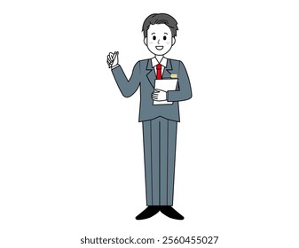 Illustration of a male salesperson serving a customer.　Full body illustration of a male businessman.