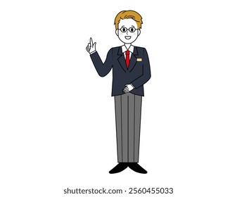 Illustration of a male salesperson serving a customer.　Full body illustration of a male businessman.