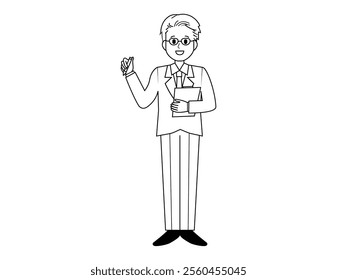 Illustration of a male salesperson serving a customer.　Full body illustration of a male businessman.