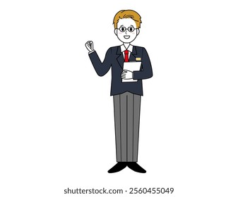 Illustration of a male salesperson serving a customer.　Full body illustration of a male businessman.