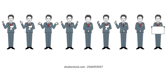 Illustration of a male salesperson serving a customer.　Full body illustration of a male businessman.