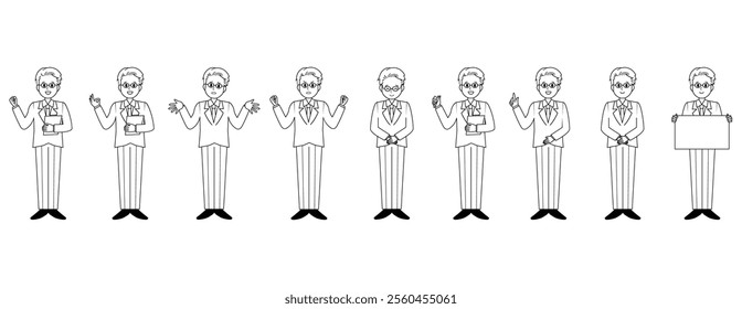 Illustration of a male salesperson serving a customer.　Full body illustration of a male businessman.