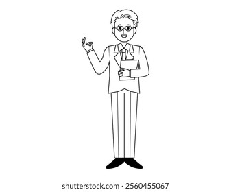 Illustration of a male salesperson serving a customer.　Full body illustration of a male businessman.