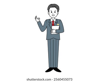 Illustration of a male salesperson serving a customer.　Full body illustration of a male businessman.