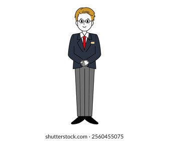 Illustration of a male salesperson serving a customer.　Full body illustration of a male businessman.